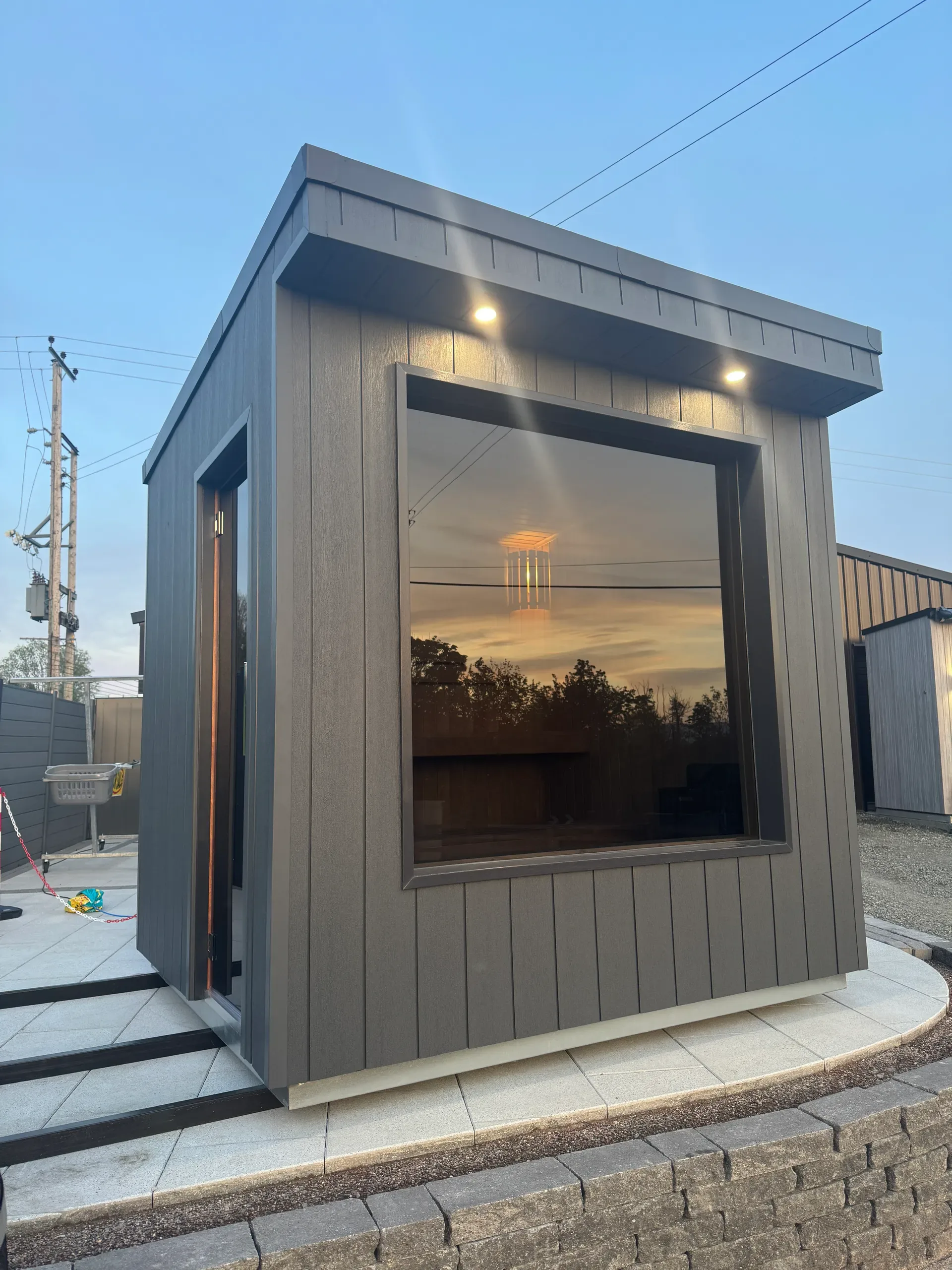 Interior of luxury garden sauna with soft lighting